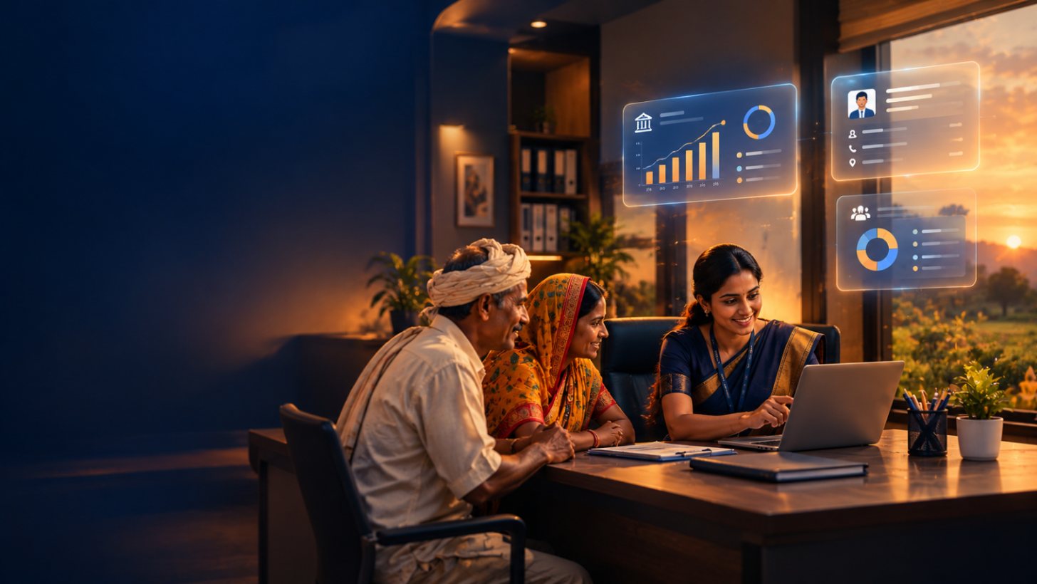 Cooperative society banker helping a farmer couple with a loan, with floating EMI dashboard cards
