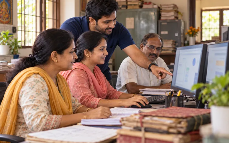 Trainer guiding cooperative society staff on computers, with old paper registers on the desk