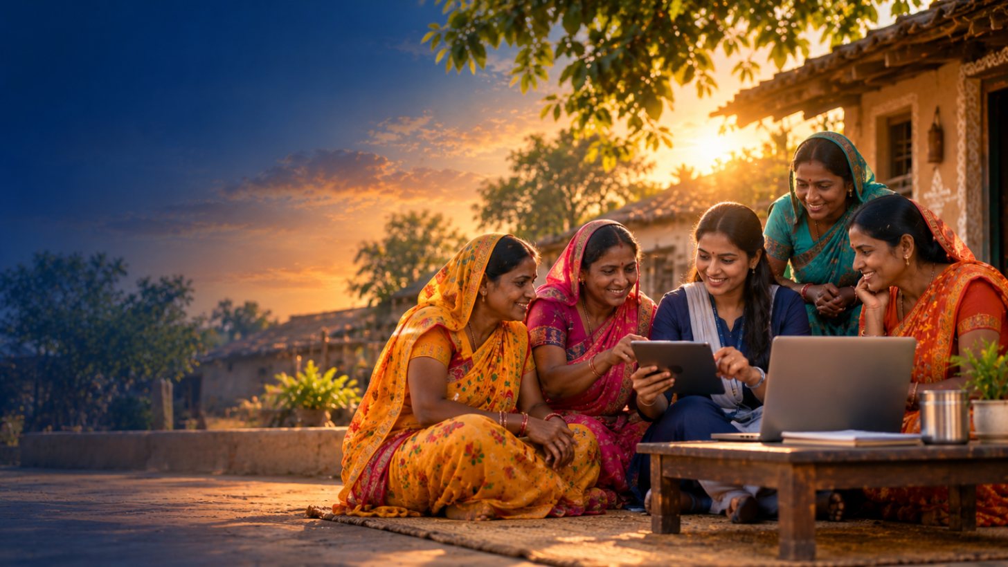 Village women reviewing loan repayments on a tablet