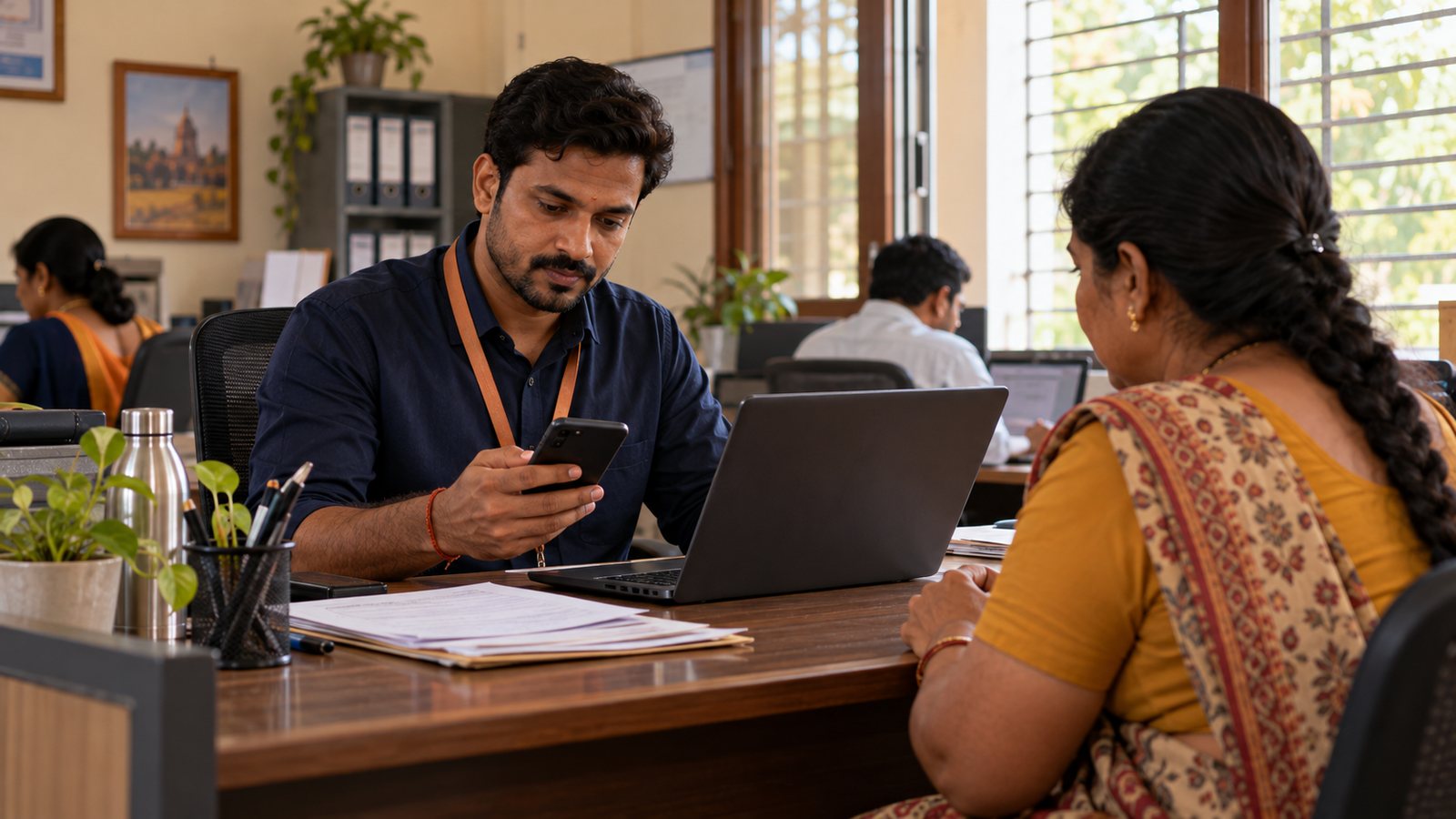 A loan officer verifying a new customer's identity on a laptop and phone during onboarding