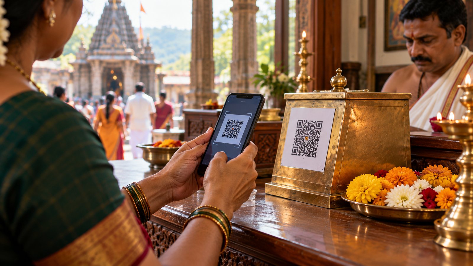 A devotee scanning a UPI QR code with a phone to donate at a temple counter