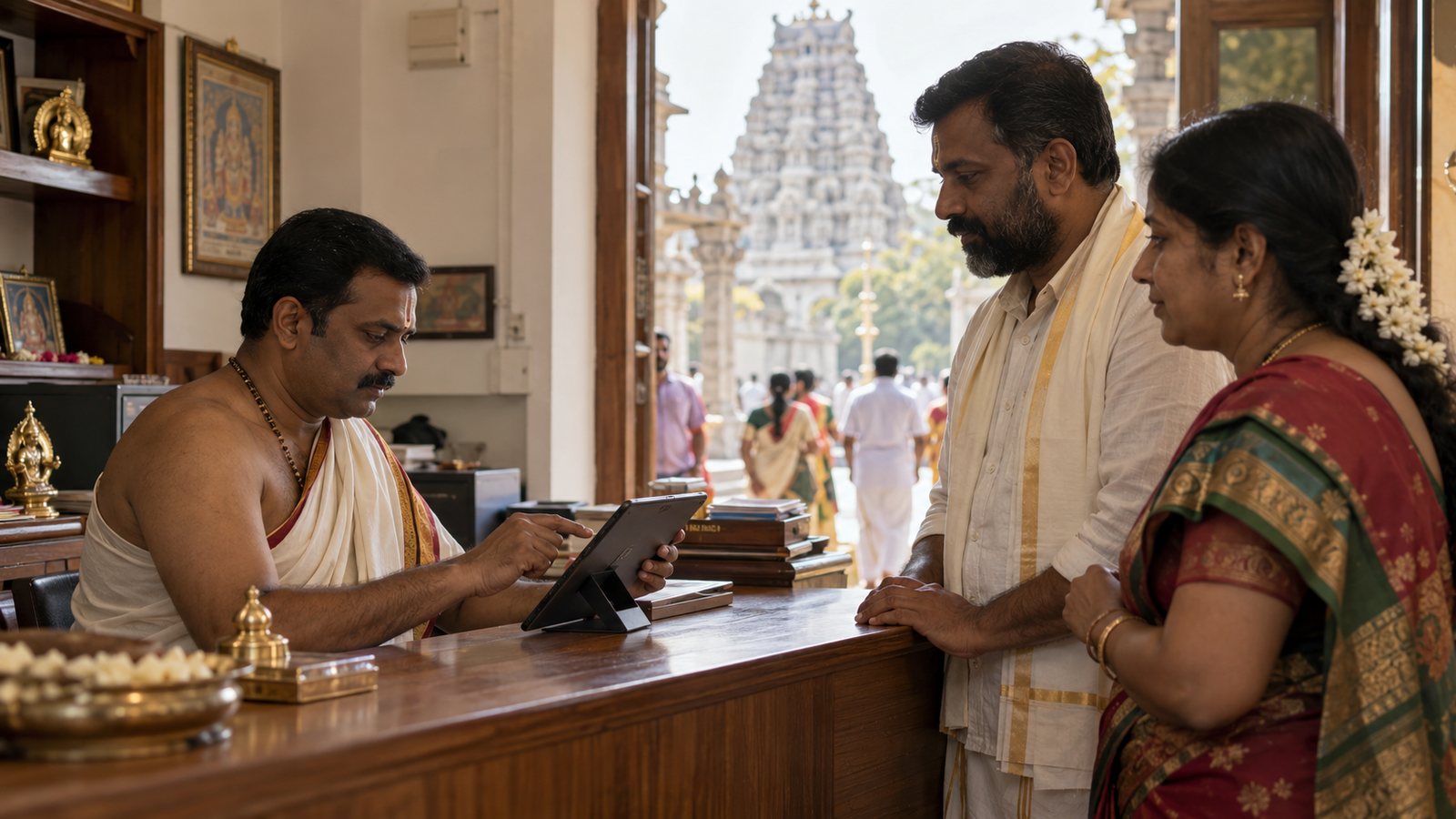 A temple trust staff member recording a donation on a tablet at the counter while a devotee couple watches, with a temple in the background